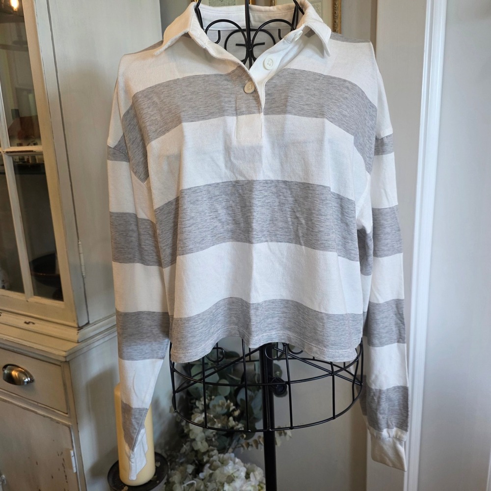 SO Sz S Gray White Striped Cropped Rugby Shirt Preppy Y2K Casual Streetwear‎